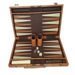 Vintage Tan Brown Stripe Backgammon Family Board Game With Booklet